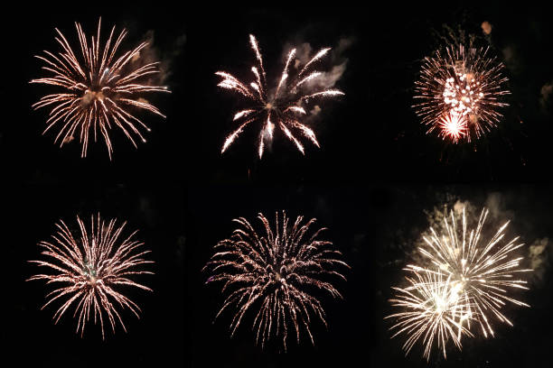 Set with golden festive real firework round shapes on black background for overlay blending mode of yours design project.