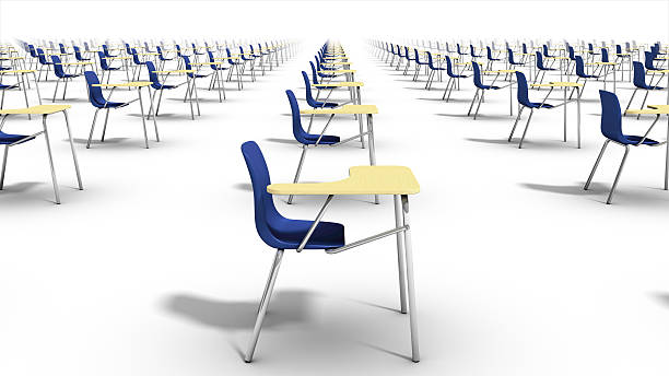 istock Right side view of endless school chairs. 180255305