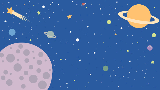 Space. An image of space with planets, stars, comets in a cartoon style