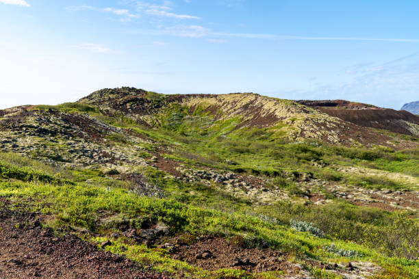 paisagem vulcânica verde musgosa perto da cratera kerid ao longo da área do círculo dourado da islândia - kerith - fotografias e filmes do acervo