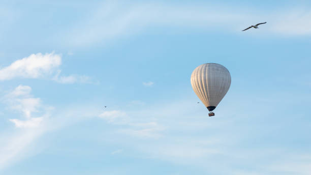 istock A white hot air balloon in a light blue sky with seagulls flying around it. Seaside, Lithuania 1802576853