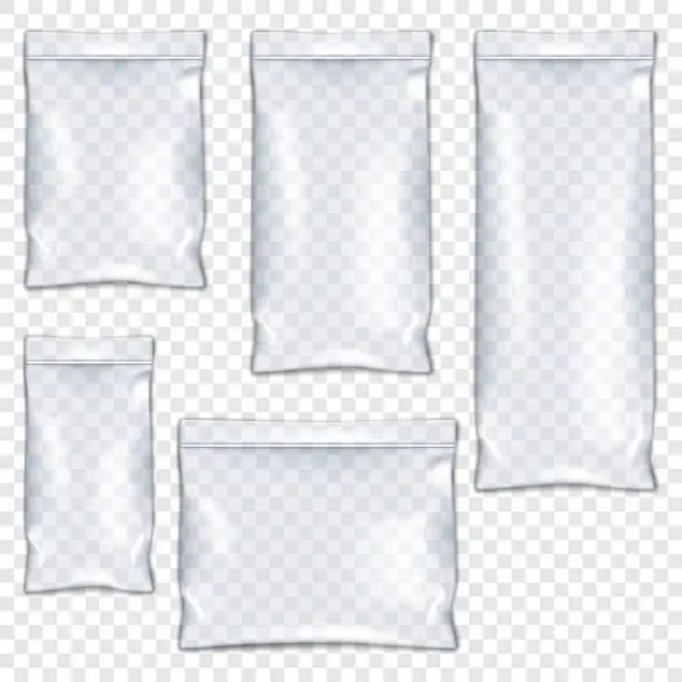 Vector illustration of Clear vinyl zipper pouch vector mockup set. Transparent plastic bag with zip lock mock-up kit. PVC envelope sleeve resealable package template