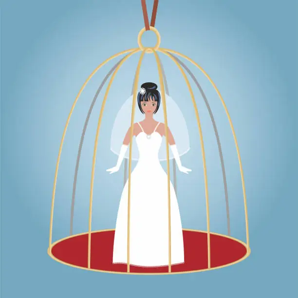Vector illustration of Wedding, trapped in birdcage. Girl trapped behind bars. Square composition. Vector illustration.