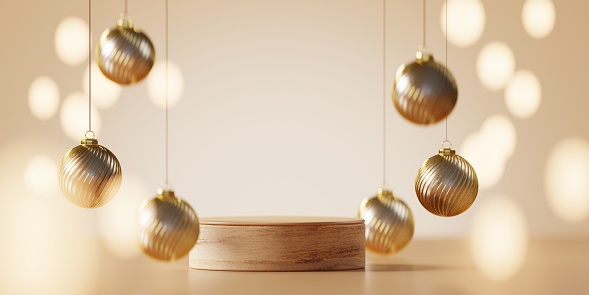 Minimal podium display. Christmas background showcase. Beauty product, cosmetic presentation. Gold metal ball ornaments. New year winter 3D render illustration mockup