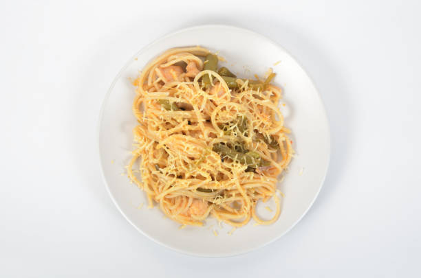 spaghetti with asparagus and meat stewed on a white plate