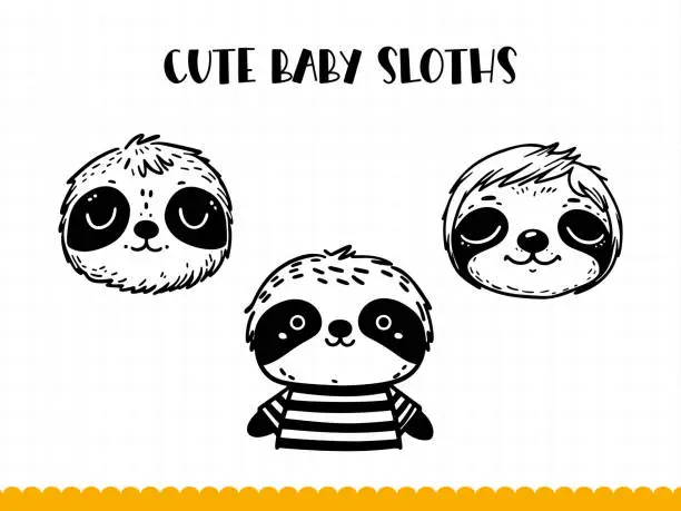 Vector illustration of Cute sloth face in simple doodle style. Vector illustration.