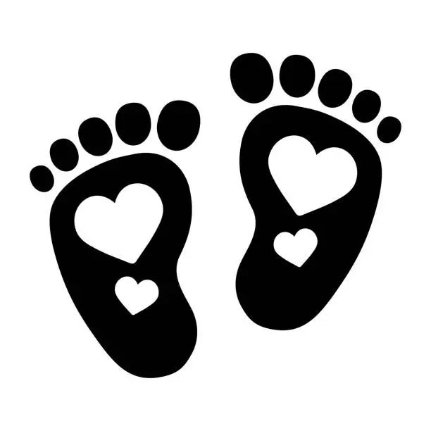 Vector illustration of Baby footprints with hearts icon, baby feet silhouette, children's feet, family love concept - vector