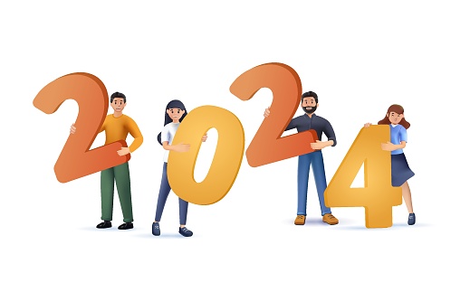 Group Of Joyful Characters Cheerfully Holding Colorful Numbers 2024 under the Falling Confetti, 3D Vector Illustration. Happy new year 2024 design. Banner, greeting and new year 2024 celebration