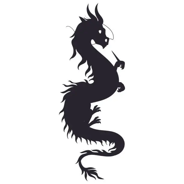 Vector illustration of Fantasy flying dragon silhouette. Cartoon reptile, asian winged dragon. Chinese zodiac sign, fairy tale fire breathing dragon flat vector illustration