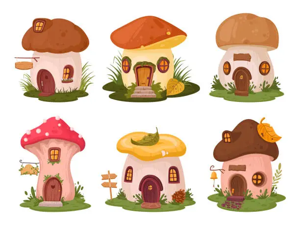 Vector illustration of Fantasy mushroom houses. Cartoon fairy tale forest characters tiny houses, cute magic mushroom cabins flat vector illustration set. Mushroom fairy home collection
