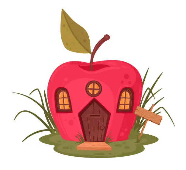 Vector illustration of Little apple house. Cartoon fairy forest red apple house, fantasy fairy tale cute cabin flat vector illustration on white background