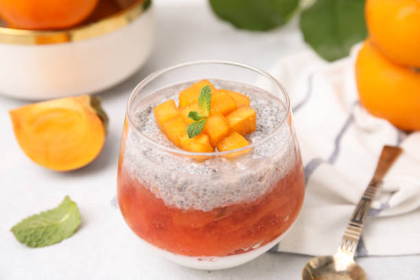 istock Delicious dessert with persimmon and chia seeds on table 1802630866