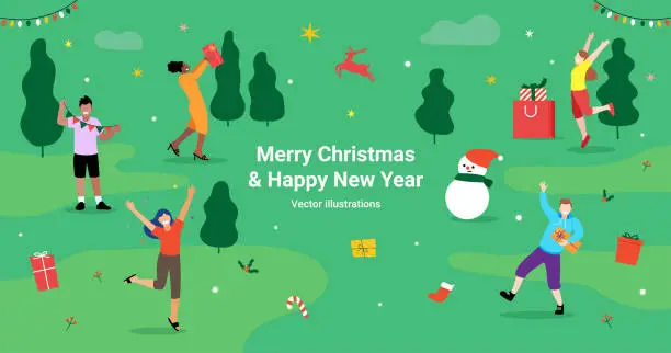 Vector illustration of Merry Christmas and Happy New Year People Festival Party and Celebrate Flat Illustration