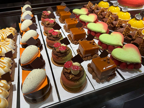 Showcase with different tasty desserts in store