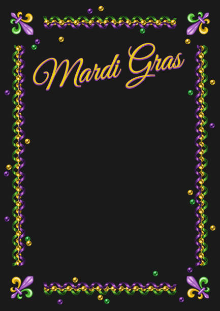 Vintage vertical rectangular Mardi Gras frame Vintage vertical rectangular frame made of spiral party streamers, ribbons, scattered beads, Fleur di Lis sign. For Mardi Gras holiday decoration. Template for menu, poster, invitation etc mardi gras flyer stock illustrations