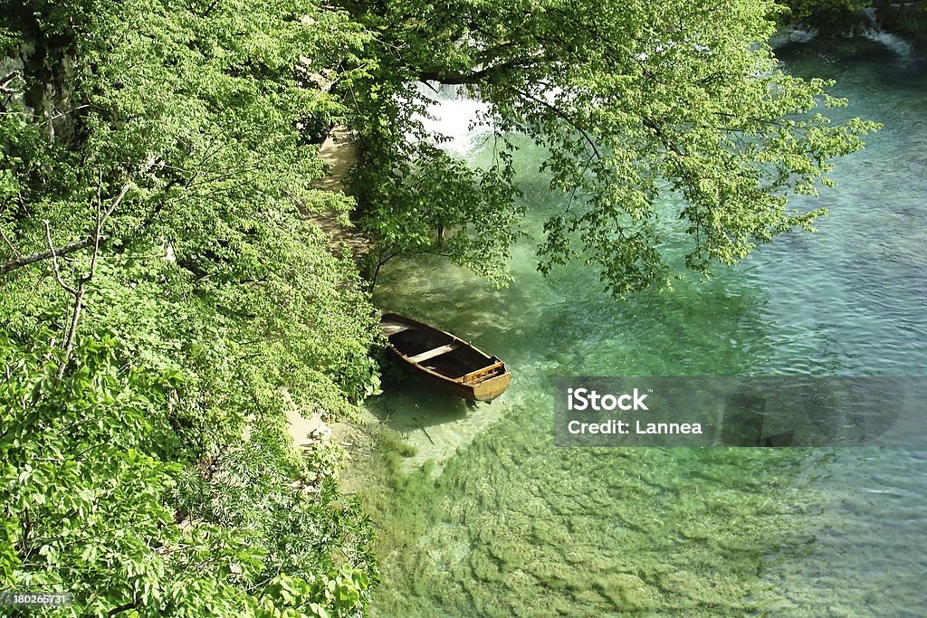 Barca a remi in legno nel lago circondato dal verde - Foto stock royalty-free di Acqua