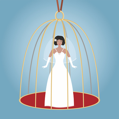 Wedding, trapped in birdcage. Woman, girl tapped behind bars.