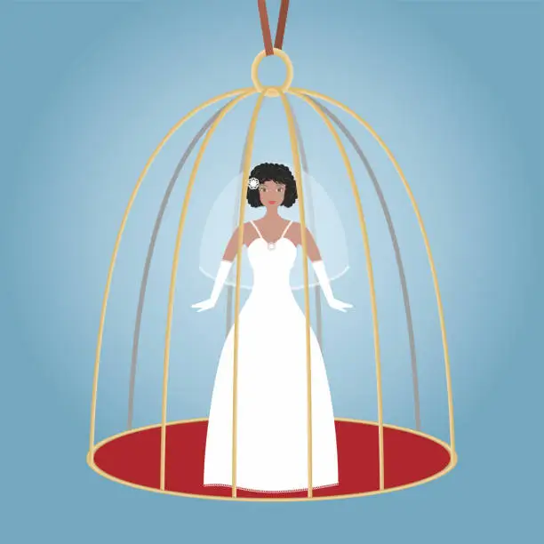 Vector illustration of Wedding, trapped in birdcage. Woman, girl trapped behind bars. Square composition. Vector illustration.