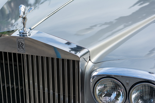 Salvador, Bahia, Brazil - November 1, 2014: Detail of the front of a 1965 Rolls Royce Super Cloud II is seen at an exhibition of vintage cars in the city of Salvador, Bahia.