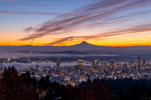 Mt Hood and the city of Portland at sunrise, November 2023.