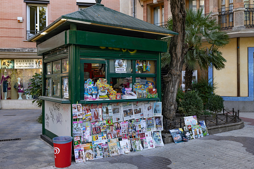 Caceres, Spain, Oct. 3, 2023: newspaper kiosk in Caceres, Spain