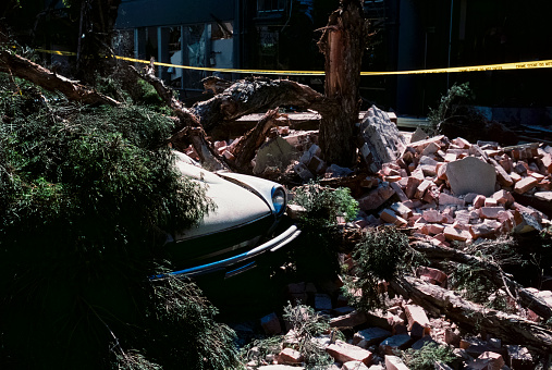 Image showing the damage to Santa Cruz city center from the 6.9 magnitude earthquake that struck in Santa Cruz, California on October 7, 1989, where six people were killed.  October 2019 will mark 30 years since the Loma Prieta earthquake struck this seaside city.  The quake caused an estimated $6 billion in property damage throughout the Bay Area.