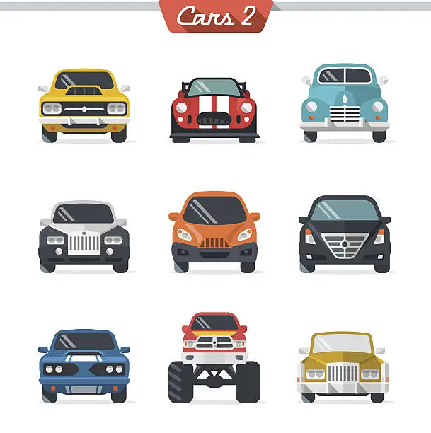 Vector illustration of Illustrated multicolored car icon set