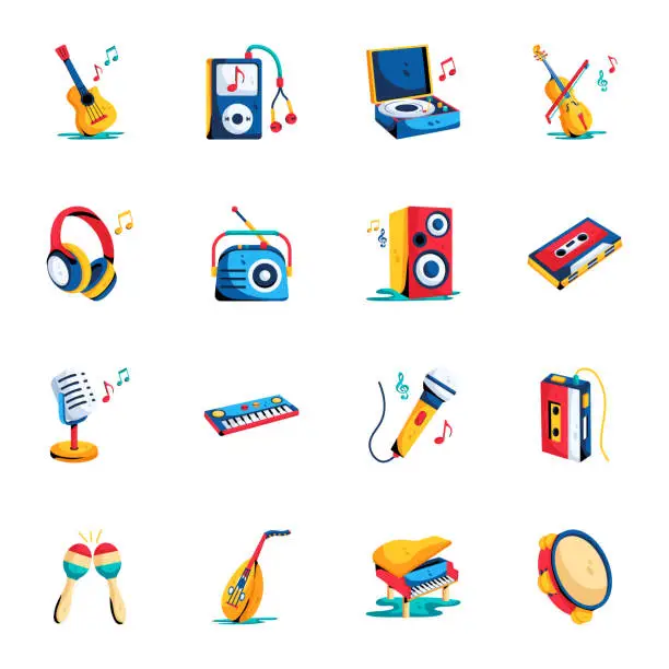 Vector illustration of Pack of Music and Instruments Flat Icons