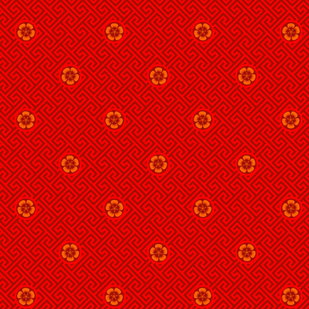 梅の花のシームレスなパターン - red silk background点のイラスト素材／クリップアート素材／マンガ素材／アイコン素材