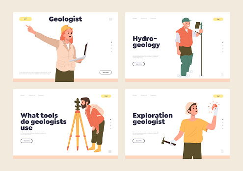 Geology and hydrogeology online service landing page design template with professional workers characters providing measurement, exploration and excavation of minerals ore vector illustration