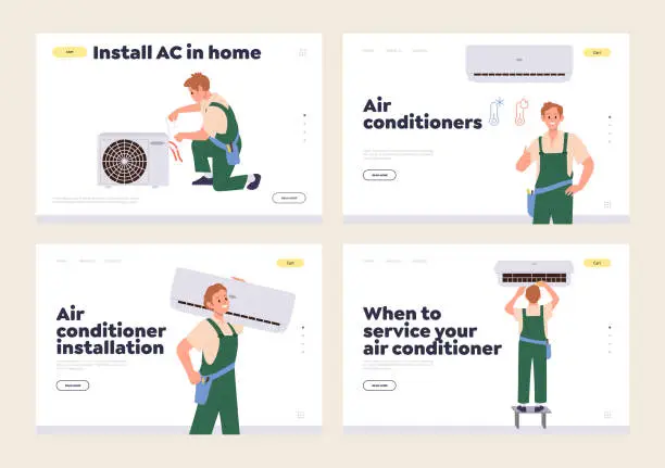 Vector illustration of AC air conditioner installation, servicing and maintenance online service landing page isolated set