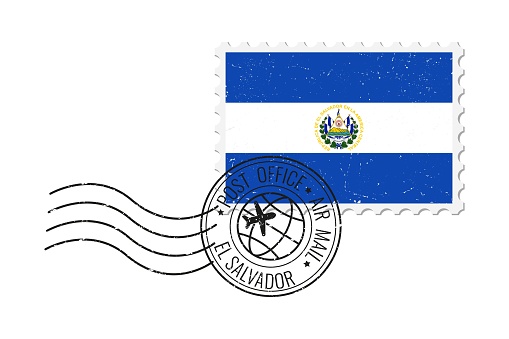 El Salvador grunge postage stamp. Vintage postcard vector illustration with El Salvadoran national flag isolated on white background. Retro style.