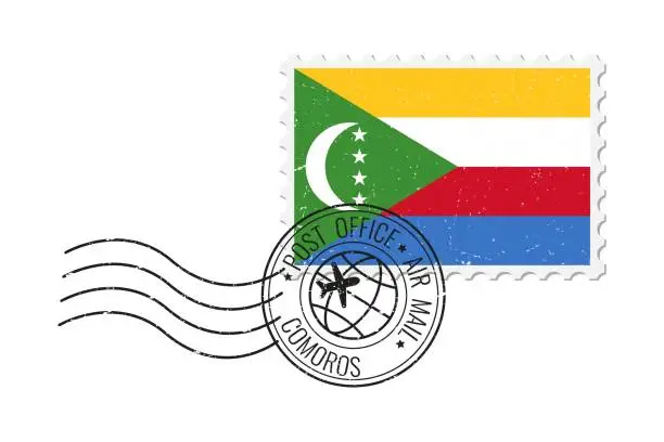 Vector illustration of Comoros grunge postage stamp. Vintage postcard vector illustration with Comoros national flag isolated on white background. Retro style.