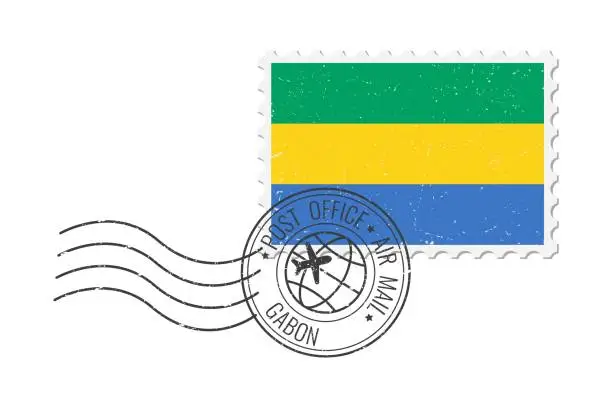 Vector illustration of Gabon grunge postage stamp. Vintage postcard vector illustration with Gabon national flag isolated on white background. Retro style.