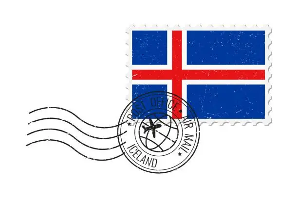 Vector illustration of Iceland grunge postage stamp. Vintage postcard vector illustration with Icelandic national flag isolated on white background. Retro style.