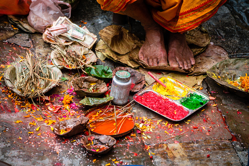 kathmandu, nepal.14th august, 2023: devotee prepared for doing offers at kathmandu street