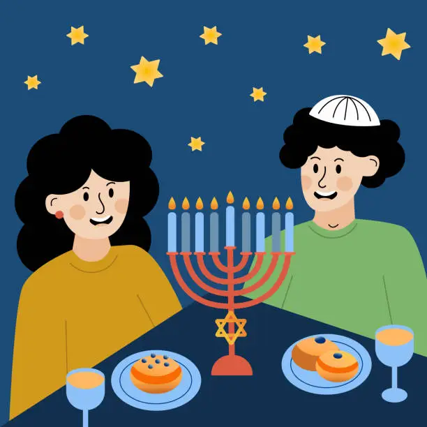 Vector illustration of Happy extended Jewish family celebrating Hanukkah while gathering at dining table