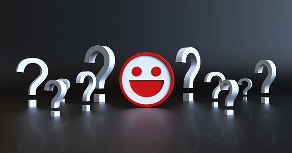 Feedback Concept - RedSmiley Face White Question Marks On Black Background