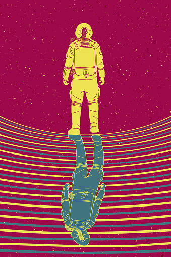 Cosmonaut abstract retro poster. Man in spacesuit