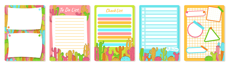 Notepaper lined or grid Notepad set with cacti. Weekly daily planner, note paper, to do list, memo organizer, sticker page collection. Stationery copybook frame template. Isolated vector illustration