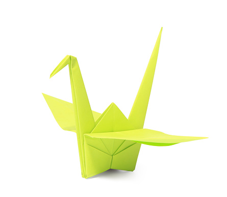 Origami art. Green handmade paper crane isolated on white
