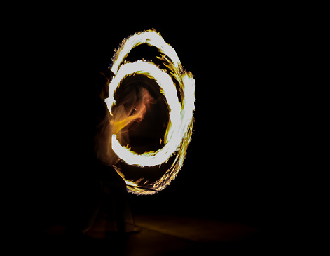 Abstract Flaming Circles and lines are created against a black backdrop by a unseen fire spinner