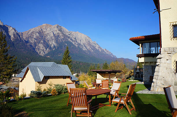 Mountain chalet with a beautiful panorama stock photo