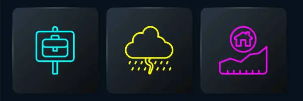 Vector illustration of Set line Work search, Rising cost of housing and Cloud with rain. Black square button. Vector