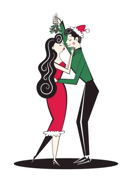 Vector illustration of Retro couple in retro style of 60s-70s kissing under the mistletoe.