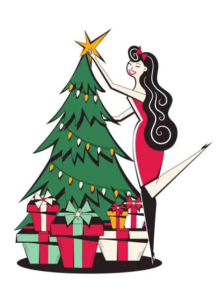 Vector illustration of Christmas tree with star and lights with presents under the tree and woman in red dress.