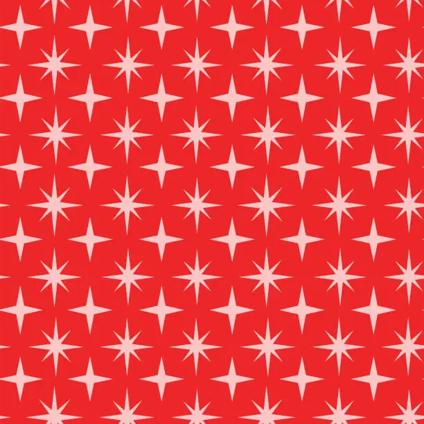 Vector illustration of Mid century modern atomic starbursts on red background seamless pattern.