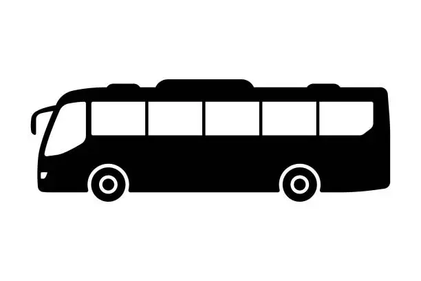 Vector illustration of Large passenger bus icon. Black silhouette. Side view. Vector simple flat graphic illustration. Isolated object on a white background. Isolate.
