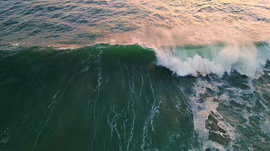 Closeup rough tide foaming nature. Drone view powerful water surface storming