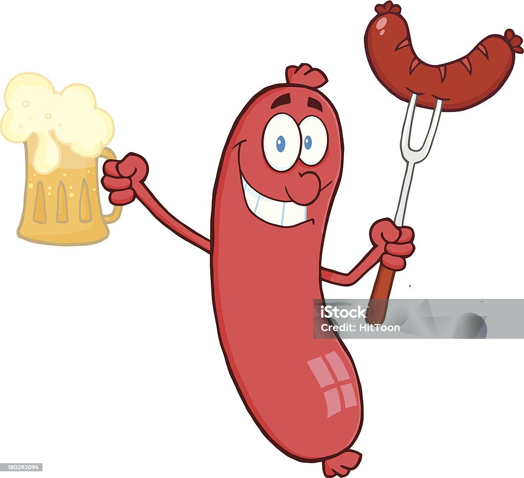 Kreskówka, znak kiełbasa Trzymając Piwo i mięsa na Widelec - Grafika wektorowa royalty-free (Humor)